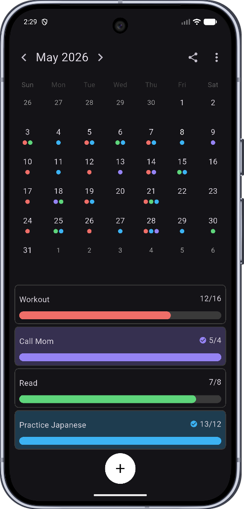 Dark mode NomiSoft app calendar screen showing habits and progress bars